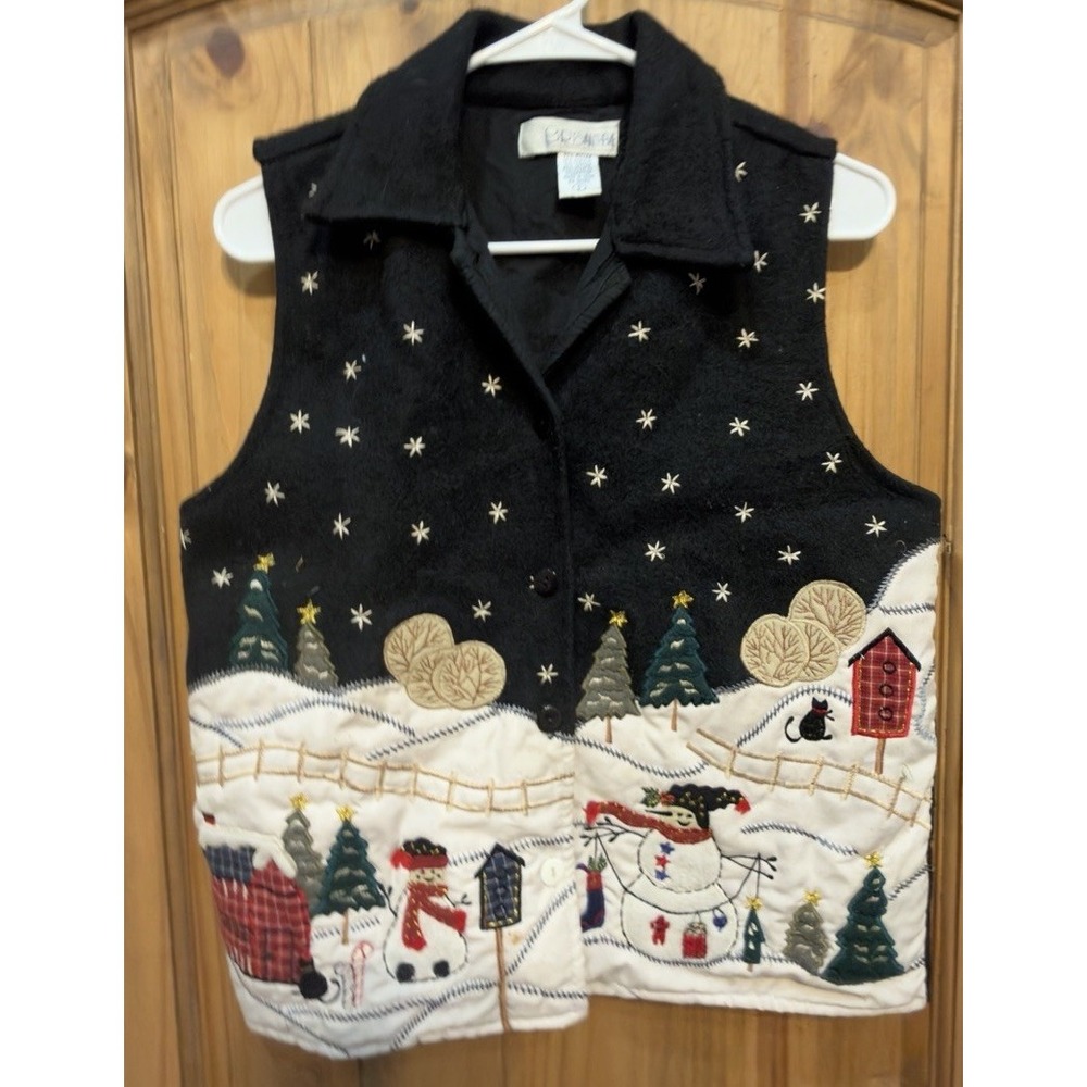 Vintage Chrysantheme Small Christmas Vest Snowman Winter Scene Wool Blend